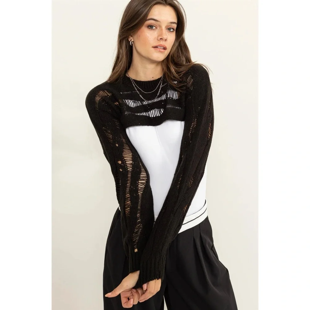 Hyfve Black Open Knit Shrug Sweater - Picture 1 of 4